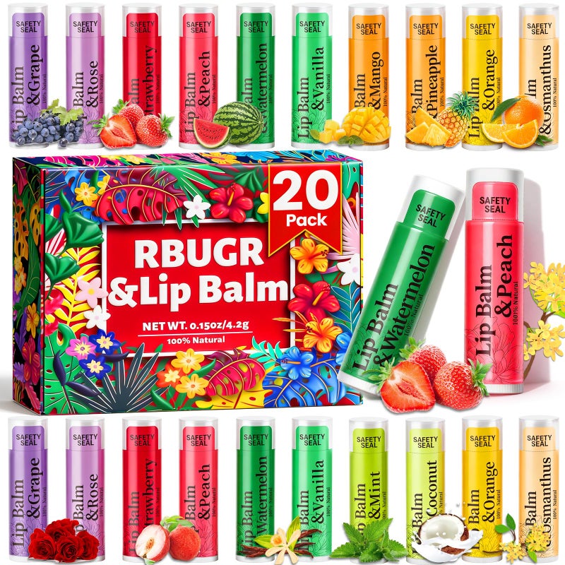RBUGR 20 Pack Lip Balm Bulk- 12 Flavored Lip Balm Set Natural Moisturizing Hydrating for Dry Cracked Lips, Valentines Gifts for Women & Party Favors Mini Balm Pack (4.2g/0.15oz) - Image 1