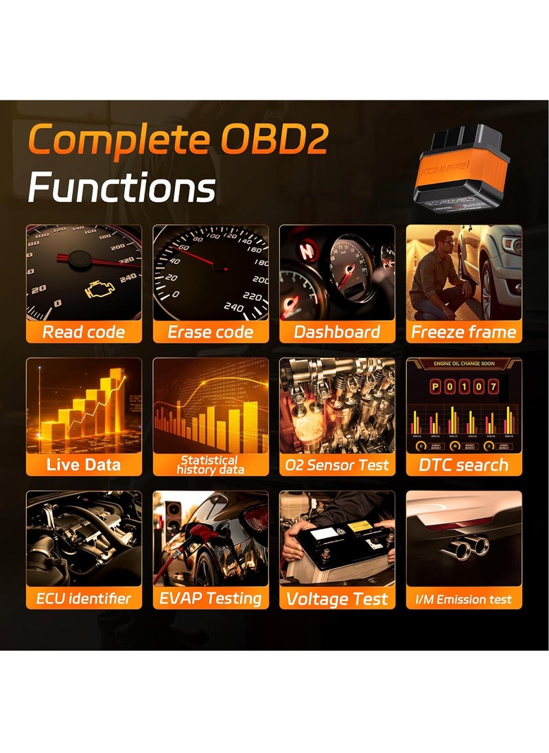 Konnwei OBD2 Scanner Bluetooth 5.2, Wireless Auto Fixd Car Diagnostic Tool，Works with iOS/Android，Car Check Engine Car Code Reader, Clear Error Code ，Performance Test ，Applicable to 99% of Cars  - Image 2