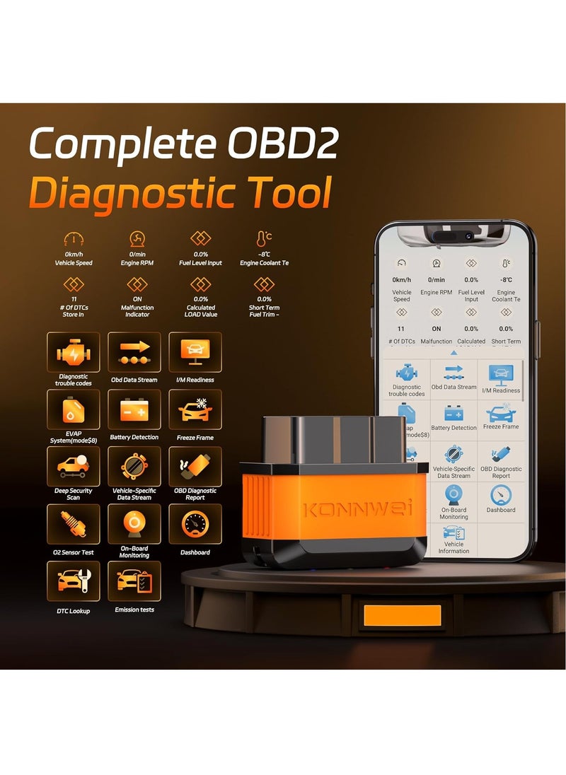 Konnwei OBD2 Scanner Bluetooth 5.2, Wireless Auto Fixd Car Diagnostic Tool，Works with iOS/Android，Car Check Engine Car Code Reader, Clear Error Code ，Performance Test ，Applicable to 99% of Cars  - Image 3