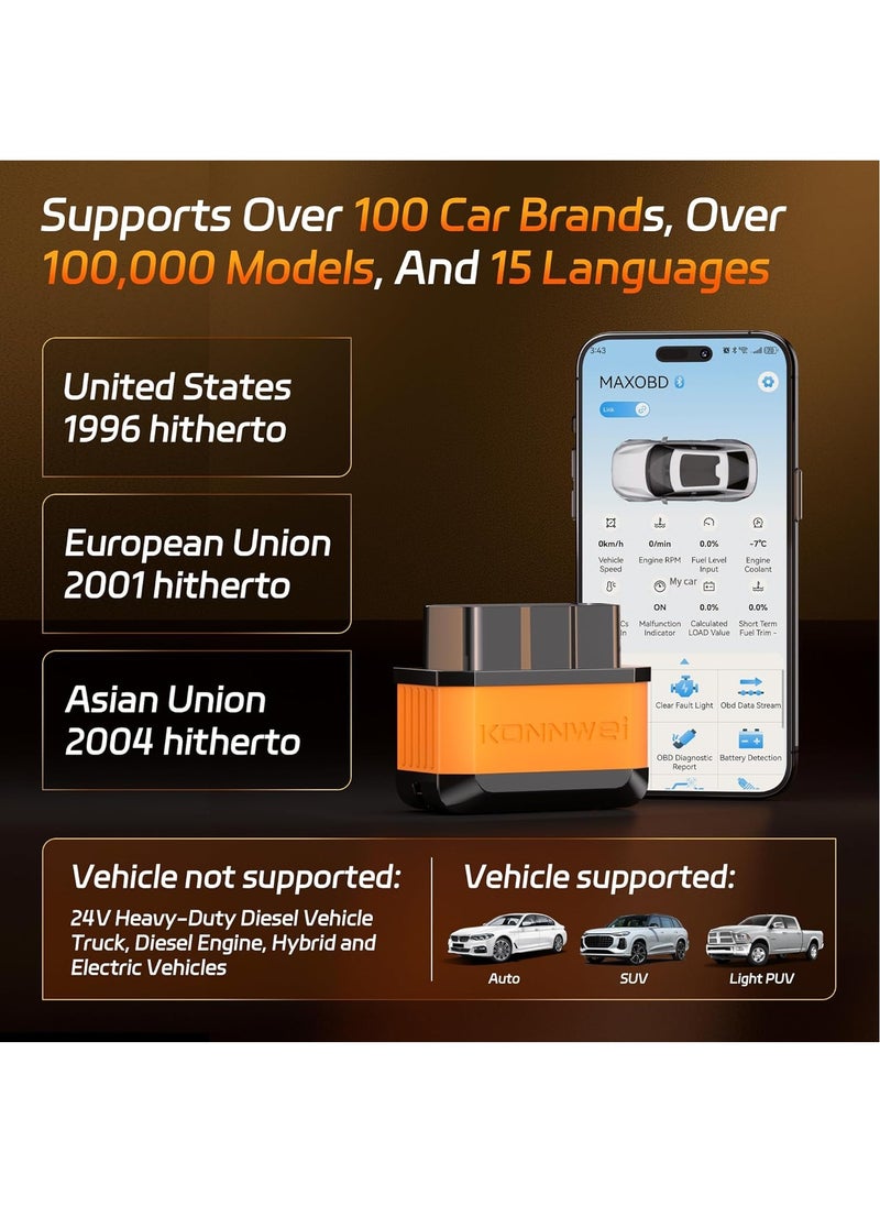 OBD2 Scanner Bluetooth 5.2, Wireless Auto Fixd Car Diagnostic Tool，Works with iOS/Android，Car Check Engine Car Code Reader, Clear Error Code ，Performance Test ，Applicable to 99% of Cars