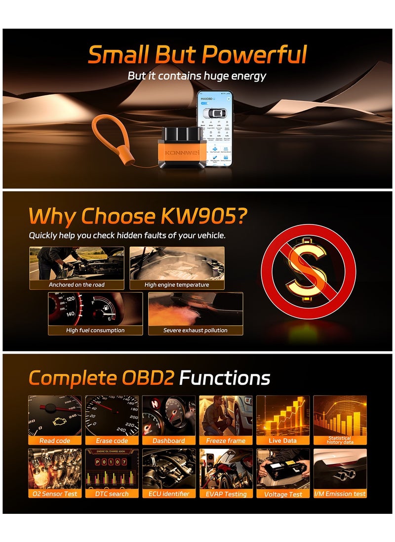 OBD2 Scanner Bluetooth 5.2, Wireless Auto Fixd Car Diagnostic Tool，Works with iOS/Android，Car Check Engine Car Code Reader, Clear Error Code ，Performance Test ，Applicable to 99% of Cars