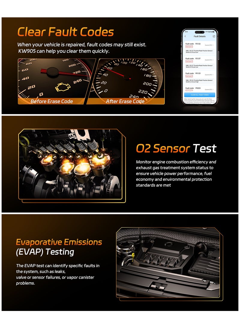 OBD2 Scanner Bluetooth 5.2, Wireless Auto Fixd Car Diagnostic Tool，Works with iOS/Android，Car Check Engine Car Code Reader, Clear Error Code ，Performance Test ，Applicable to 99% of Cars