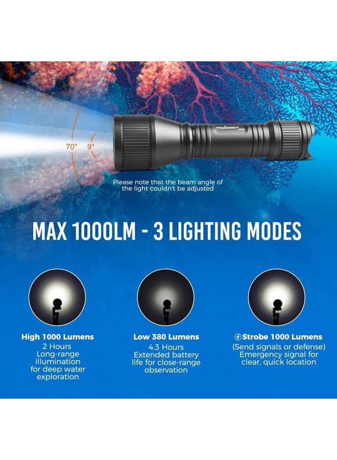 ORCATORCH D550 Underwater Diving Light 1000 Lumens Underwater Flashlight with 3 Modes, Magnetic Tail Switch, IP68 Waterproof, Hands-free Backup Diving Light with Wrist Strap - Image 2