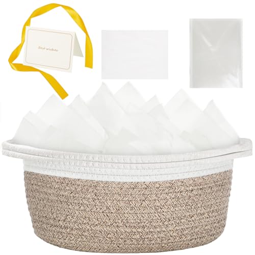 woric Woven Storage Basket Dog Toy Baskets for Gifts Empty Basket with Handle Cotton Rope Mothers Day Graduation Decorative Baskets Brown 12X 8 X 5 with Gift Bag Card Ribbon Tissue Paper - Image 1