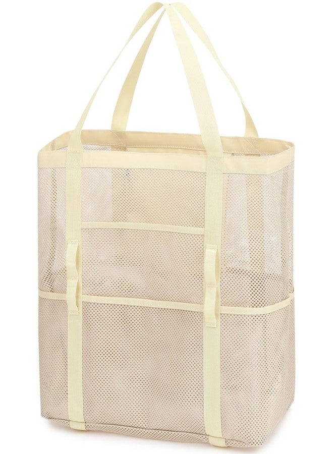 Fammart Mesh Beach Bag, Large Beach Tote with Zipper Pocket for Family Pool Bag for Toys & Vacation Essentials, Large -Beige, Large - Image 1