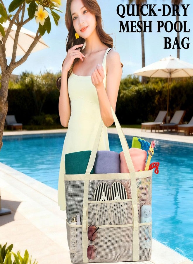 Fammart Mesh Beach Bag, Large Beach Tote with Zipper Pocket for Family Pool Bag for Toys & Vacation Essentials, Large -Beige, Large - Image 2