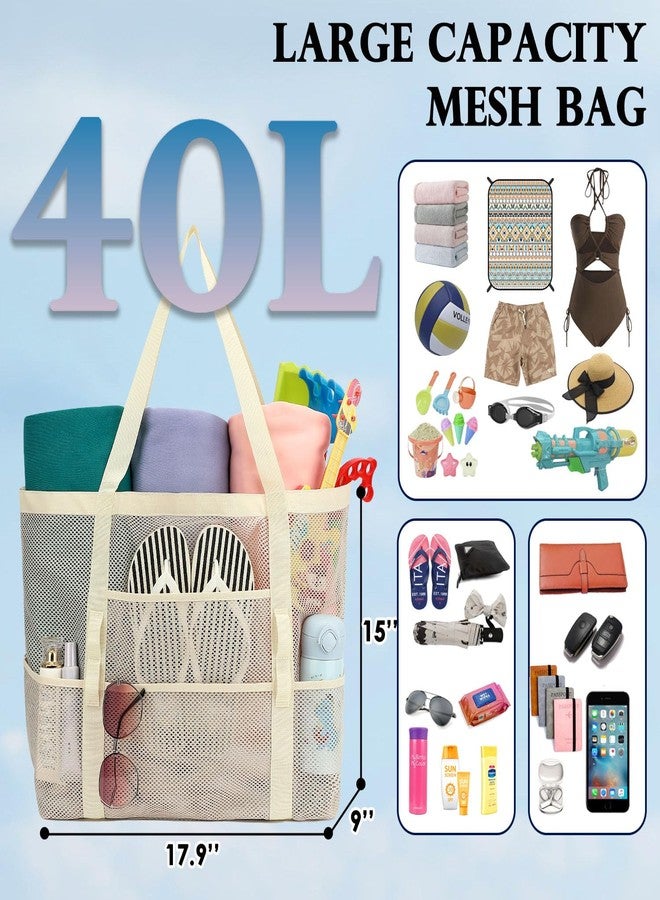 Fammart Mesh Beach Bag, Large Beach Tote with Zipper Pocket for Family Pool Bag for Toys & Vacation Essentials, Large -Beige, Large - Image 5