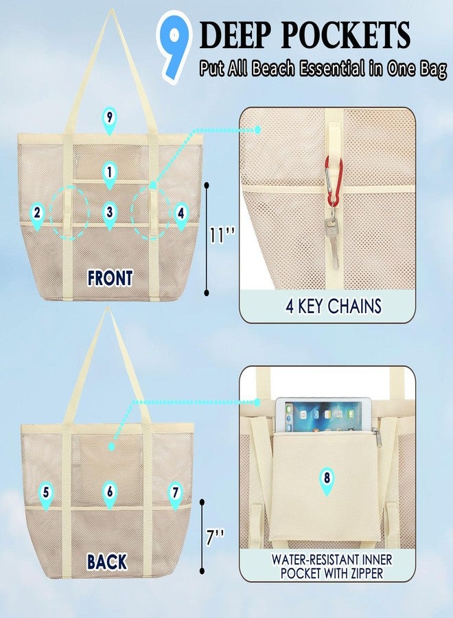 Fammart Mesh Beach Bag, Large Beach Tote with Zipper Pocket for Family Pool Bag for Toys & Vacation Essentials, Large -Beige, Large - Image 4