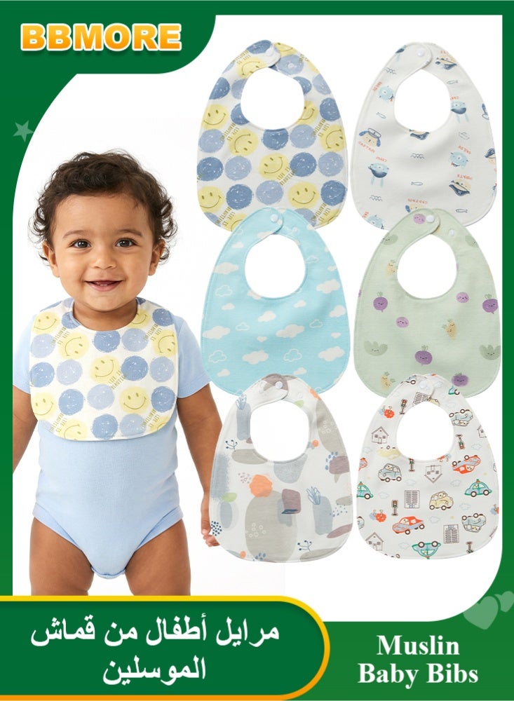 BBMORE 6 Pack Muslin Baby Bibs, Extra Thick Cotton Drool Bibs with Waterproof Lining, Adjustable Snap Closures for Newborns and Infants Toddlers - Image 1
