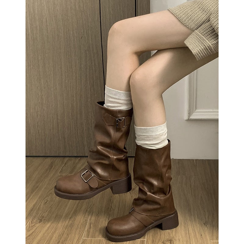 Retro Brown American Western Cowboy Boots for Women 2024 New Autum Small Slim Thick Heel Pile Short Boots - Image 5