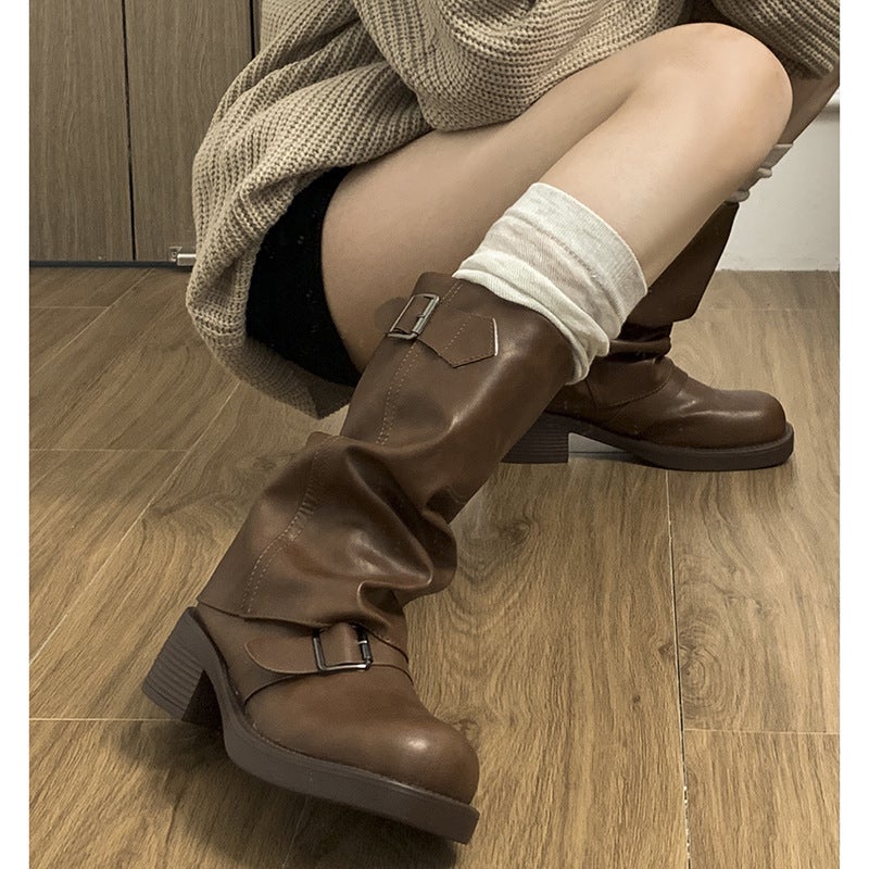 Retro Brown American Western Cowboy Boots for Women 2024 New Autum Small Slim Thick Heel Pile Short Boots - Image 4