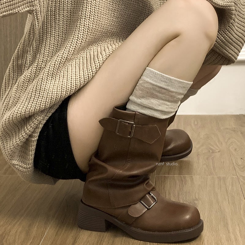 Retro Brown American Western Cowboy Boots for Women 2024 New Autum Small Slim Thick Heel Pile Short Boots - Image 2