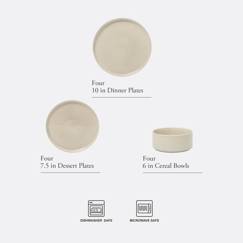 Gibson Elite Solana Coast 12 Piece Stoneware Reactive Glaze (Service for 4) Ceramic Plates and Bowls Modern Shape Embossed Dinnerware Set - Cream White - Image 2