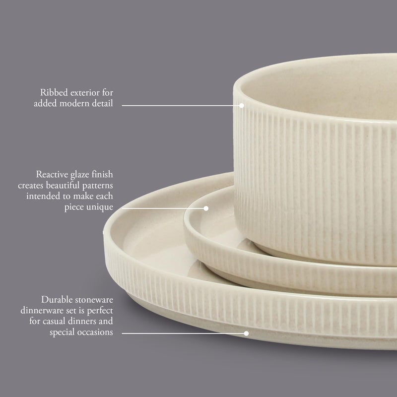 Gibson Elite Solana Coast 12 Piece Stoneware Reactive Glaze (Service for 4) Ceramic Plates and Bowls Modern Shape Embossed Dinnerware Set - Cream White - Image 3