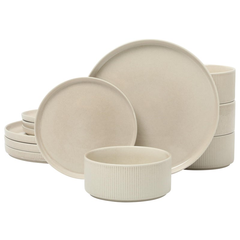 Gibson Elite Solana Coast 12 Piece Stoneware Reactive Glaze (Service for 4) Ceramic Plates and Bowls Modern Shape Embossed Dinnerware Set - Cream White - Image 1