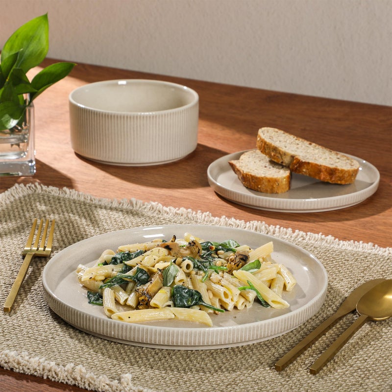 Gibson Elite Solana Coast 12 Piece Stoneware Reactive Glaze (Service for 4) Ceramic Plates and Bowls Modern Shape Embossed Dinnerware Set - Cream White - Image 5