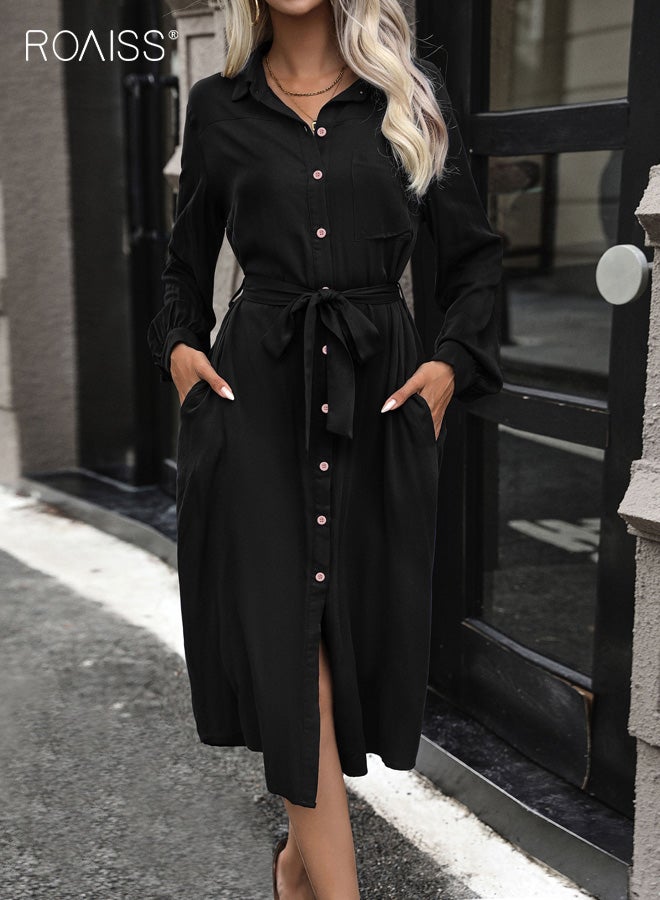 رويس فستان قميص نسائي بأكمام طويلة وأزرار للعمل مع حزام وتنورة متوسطة الطول بخط A وخصر مرتفع من الفيسكوز، أنيق، كاجوال، أسود - Image 1