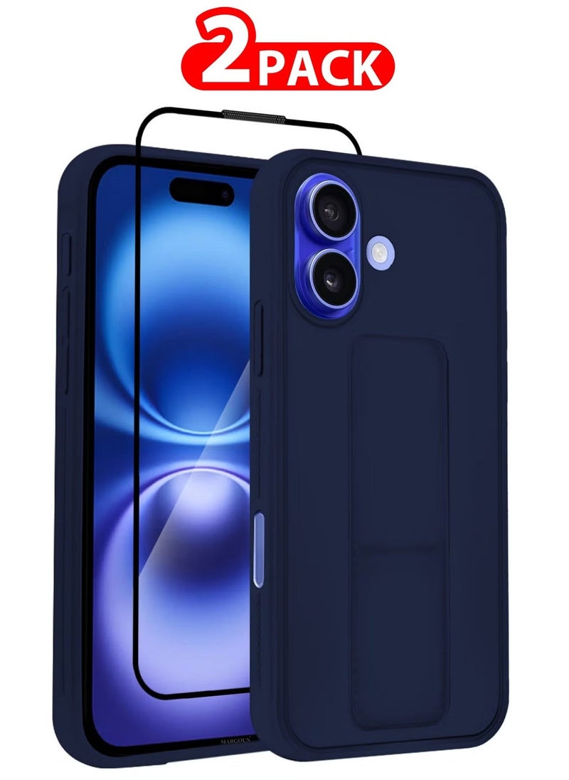 Raxoom 2-Pack Premium PU Leather Case & Screen Protector for iPhone 16 Plus â€“ Shockproof, Anti-Scratch, Stand Function, Finger Grip Case Cover (Blue) - Image 1