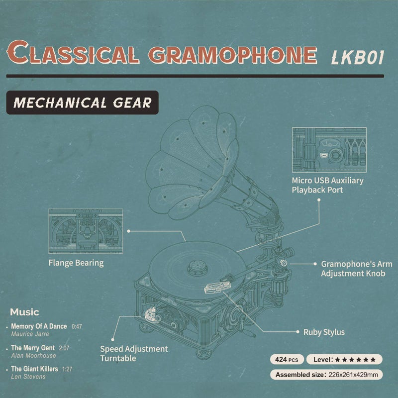 RoWood 3D Wooden Puzzle, Classical Mechanical Model Kit to Build, Best Gift for Teens Adults - Gramophone - Image 2