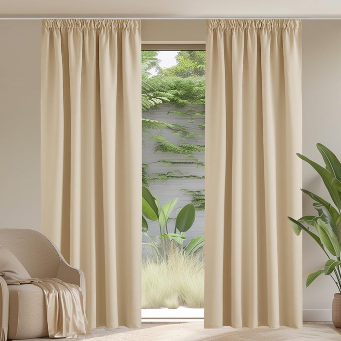 90X90 PENCIL PLEAT CURTAINS THERMAL INSULATED CURTAINS DRAPERIES FOR KIDS BEDROOM ROOM DARKENING NOISE REDUCING DRAPES ROOM DIVIDER LIVING ROOM 2 PANELS BISCOTTI BEIGE