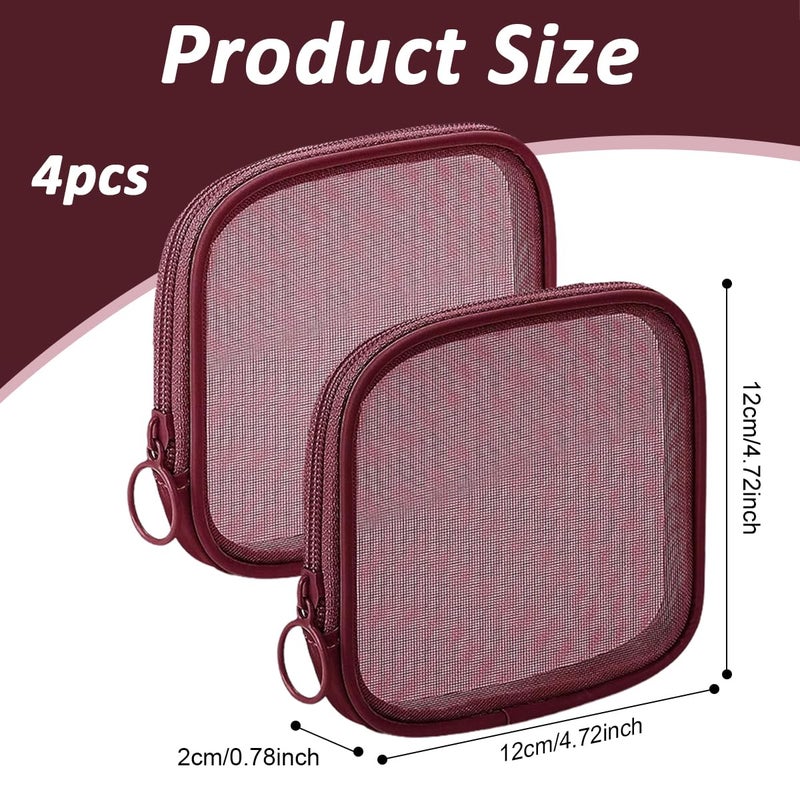 M'AYCREATE MAYCREATE® 4pcs Mesh Makeup Pouch Small Zipper Cosmetic Bags for Women 4.7'' Square Fashion Lipstick Pouches for Women, Nylon Mini Cash Toiletry Organizer Bag for Daily Accessories - Wine Red - Image 2