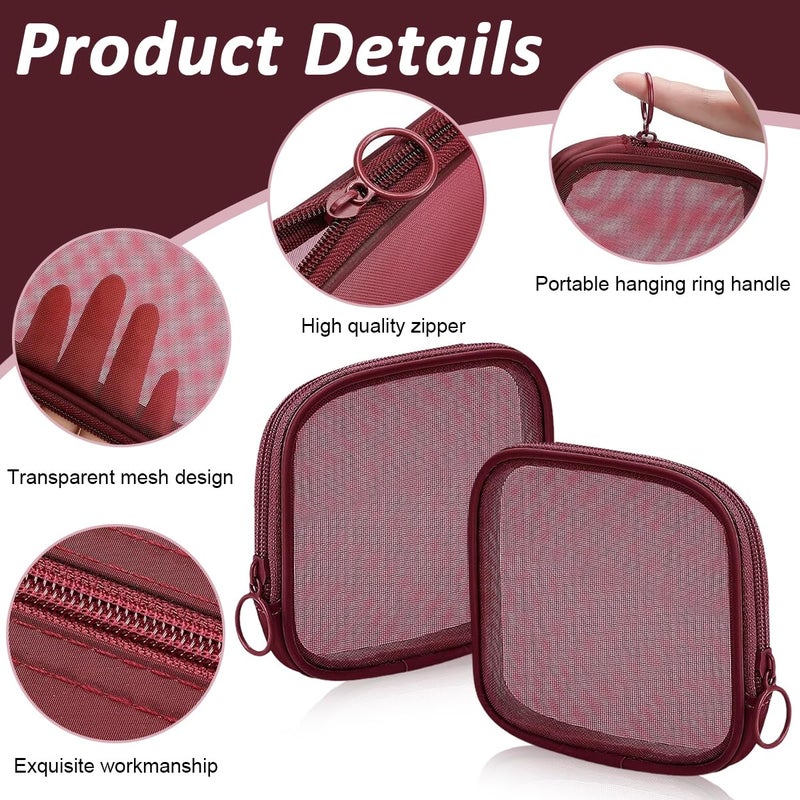 M'AYCREATE MAYCREATE® 4pcs Mesh Makeup Pouch Small Zipper Cosmetic Bags for Women 4.7'' Square Fashion Lipstick Pouches for Women, Nylon Mini Cash Toiletry Organizer Bag for Daily Accessories - Wine Red - Image 3