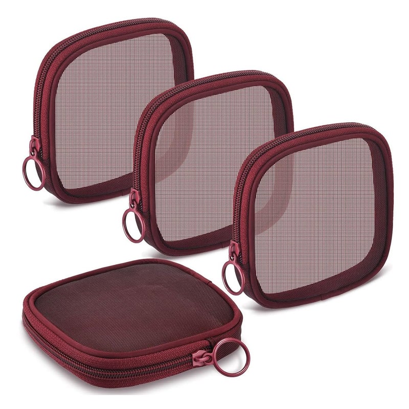 M'AYCREATE MAYCREATE® 4pcs Mesh Makeup Pouch Small Zipper Cosmetic Bags for Women 4.7'' Square Fashion Lipstick Pouches for Women, Nylon Mini Cash Toiletry Organizer Bag for Daily Accessories - Wine Red - Image 1