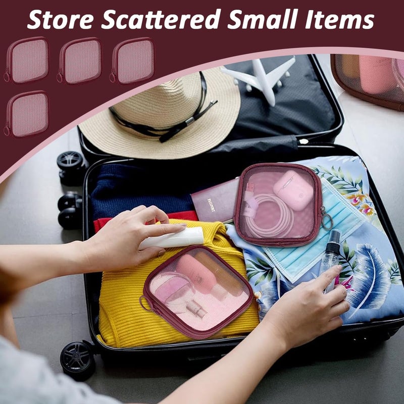 M'AYCREATE MAYCREATE® 4pcs Mesh Makeup Pouch Small Zipper Cosmetic Bags for Women 4.7'' Square Fashion Lipstick Pouches for Women, Nylon Mini Cash Toiletry Organizer Bag for Daily Accessories - Wine Red - Image 5