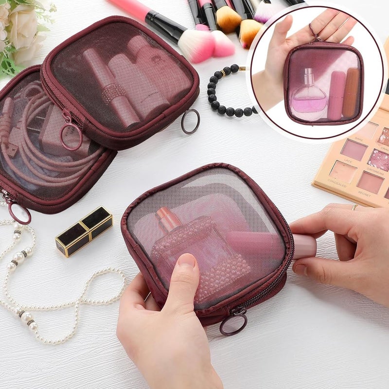M'AYCREATE MAYCREATE® 4pcs Mesh Makeup Pouch Small Zipper Cosmetic Bags for Women 4.7'' Square Fashion Lipstick Pouches for Women, Nylon Mini Cash Toiletry Organizer Bag for Daily Accessories - Wine Red - Image 4