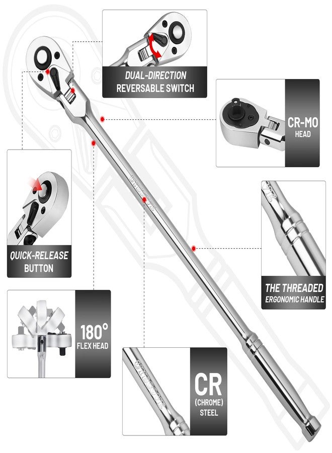 UYECOVE 1/4-Inch Drive Ratchet, Flex Head Ratchet 1/4 Ratchet Long Handle, 72 Tooth Quick Release Cr-Mo Head Socket Wrench -12"/305mm - Image 2