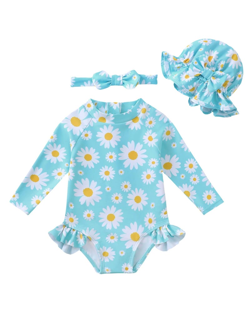 SODLON Baby Bathing Suit Girl 12-18 Months Infant One-Piece Long Sleeve Swimsuit Ruffle Rash Guard Blue Daisy Swimwear with Zipper Hat & Headband Gifts Beach Essentials - Image 1