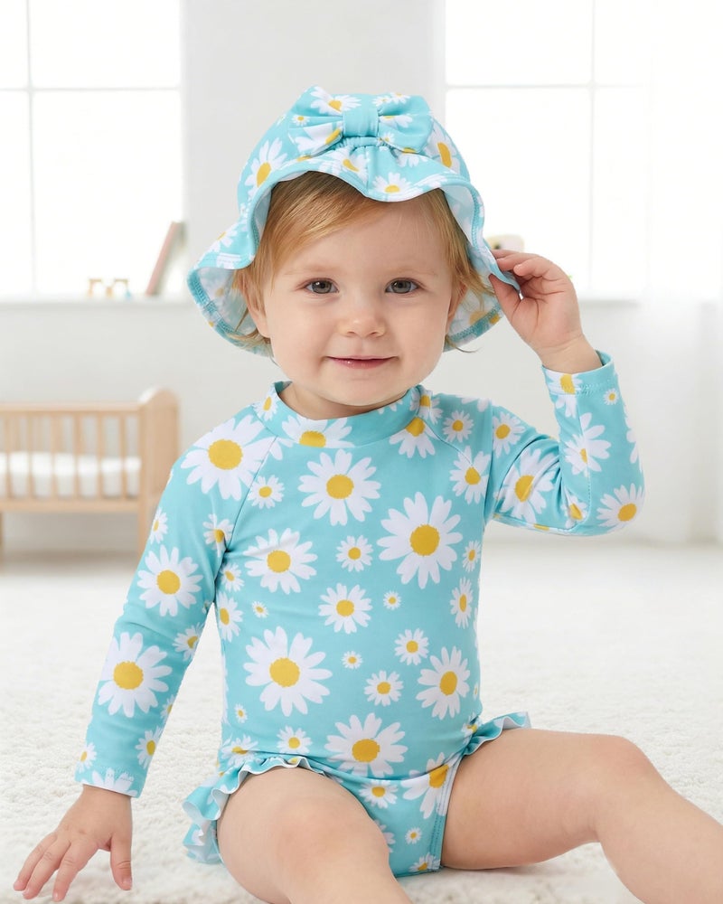 SODLON Baby Bathing Suit Girl 12-18 Months Infant One-Piece Long Sleeve Swimsuit Ruffle Rash Guard Blue Daisy Swimwear with Zipper Hat & Headband Gifts Beach Essentials - Image 2