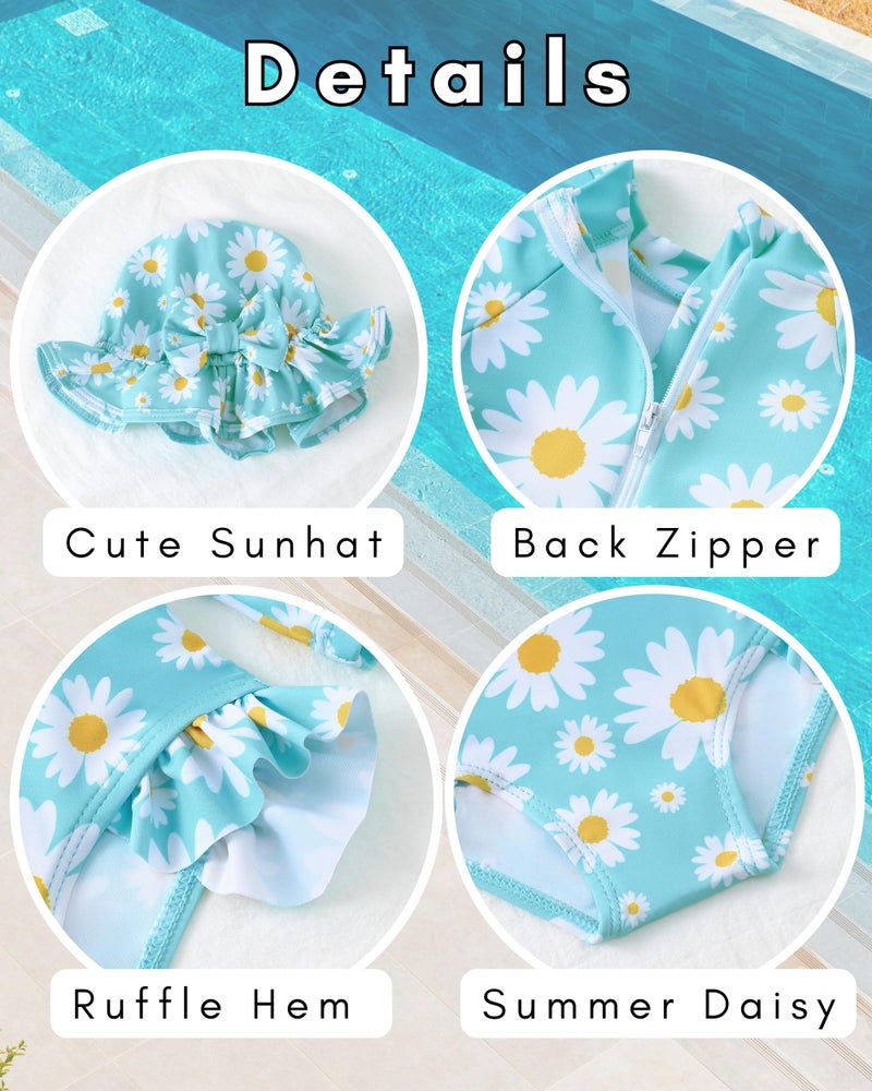 SODLON Baby Bathing Suit Girl 12-18 Months Infant One-Piece Long Sleeve Swimsuit Ruffle Rash Guard Blue Daisy Swimwear with Zipper Hat & Headband Gifts Beach Essentials - Image 5