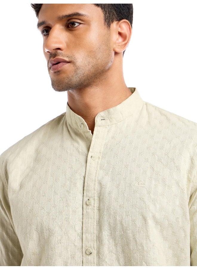 Beyoung Cream Mandarin Collar Shirt for Men  - Image 4