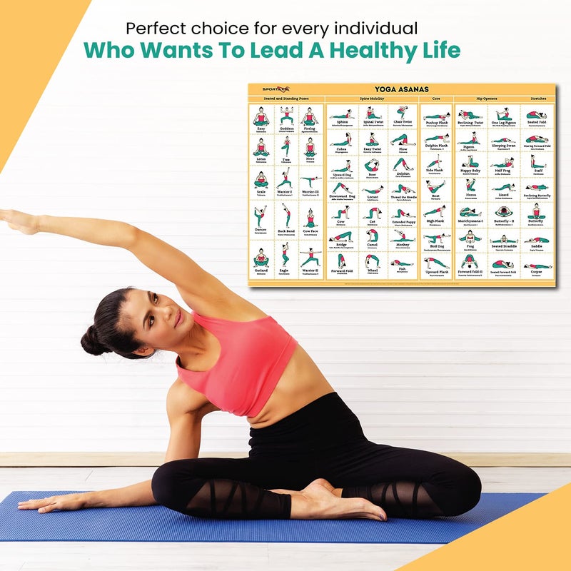 SPORTAXIS Yoga Poses Poster- 64 Yoga Asanas For Full Body Workout- Laminated Home Workout Poster With Colored Illustrations - English And Sanskrit Names - Image 5