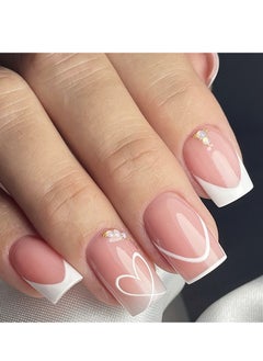 Press On Nails 24pcs, Valentine's Day New Arrival Medium-Length Duckbill-Shaped, Elegantly Designed with White French Heart Patterns, Nude Nail Tips, Perfectly Showcasing a Romantic Vibe.Suitable for Various Occasions, Fake Acrylic Nails With Glue Kit.