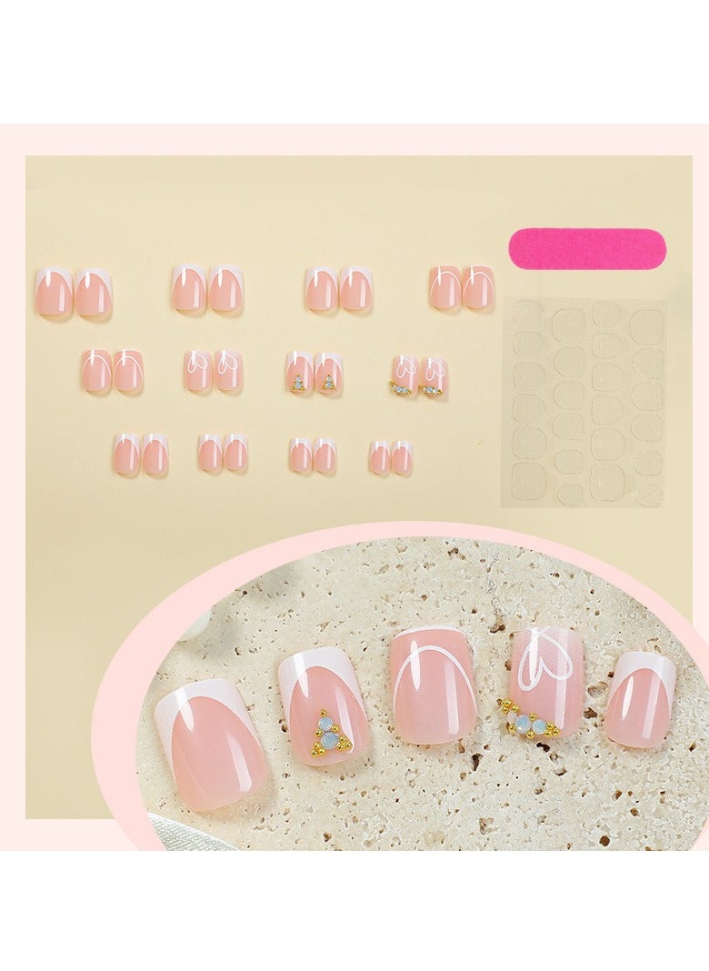 JOSQUEWNN - Press On Nails 24pcs, Valentine's Day New Arrival Medium-Length Duckbill-Shaped, Elegantly Designed with White French Heart Patterns, Nude Nail Tips, Perfectly Showcasing a Romantic Vibe.Suitable for Various Occasions, Fake Acrylic Nails With Glue Kit. - Image 1