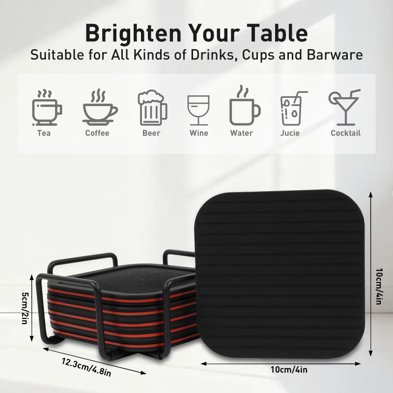 Lexenic Sleek Absorbent Coasters for Drinks with Holder, Silicone Cup Mat with Removable Felt Insert, Non-Slip, Non-Stick, Lovely Gift for Coffee Table Kitchen Decor, 6PCS (Black Red) - Image 5