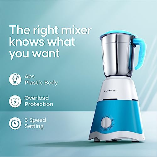 Longway Super Dlx Mixer Grinder | Up to 700 Watt Powerful Motor | 3 Jars for Grinding, Mixing, Juicing | 2 Year Warranty (Blue & White, 3 Jars) - Image 3