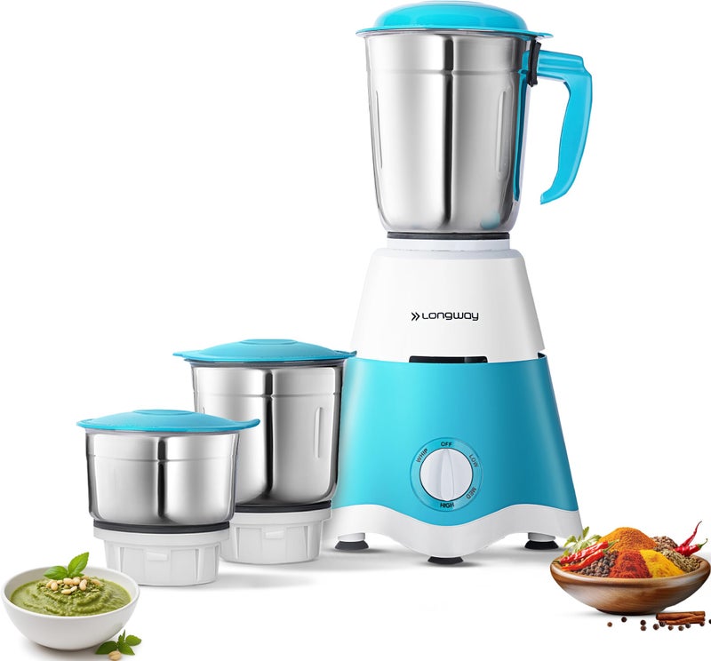 Longway Super Dlx Mixer Grinder | Up to 700 Watt Powerful Motor | 3 Jars for Grinding, Mixing, Juicing | 2 Year Warranty (Blue & White, 3 Jars) - Image 1