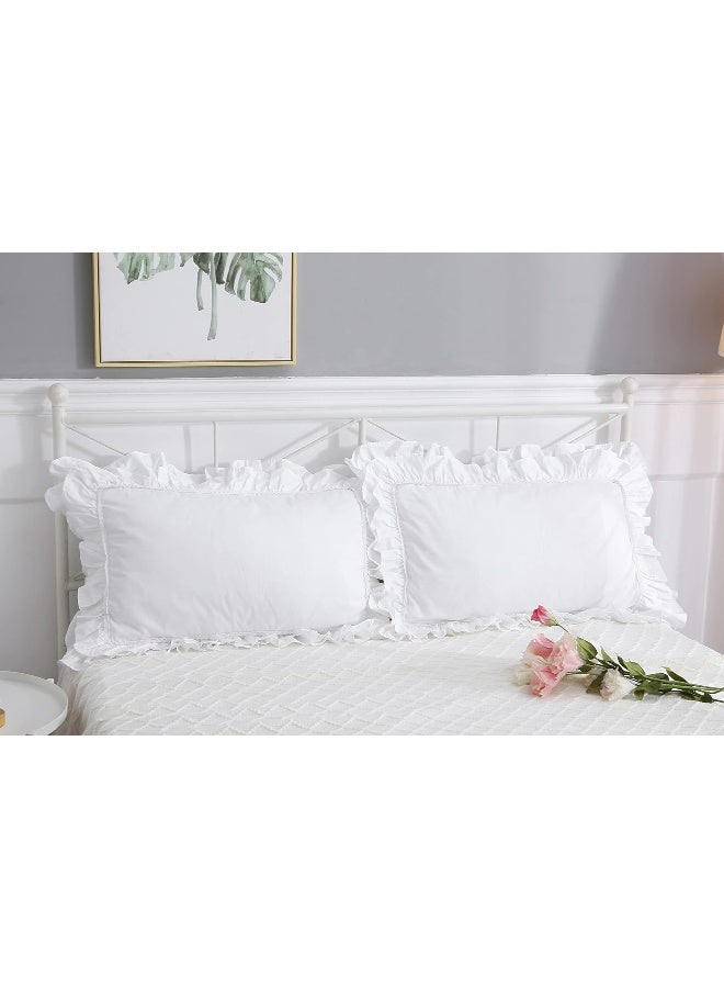Meaning4 2-Pack Bright White Pillow Shams Pillowcases with Lace and Ruffles Cotton Queen Size 20"X30" Shabby Chic - Image 3