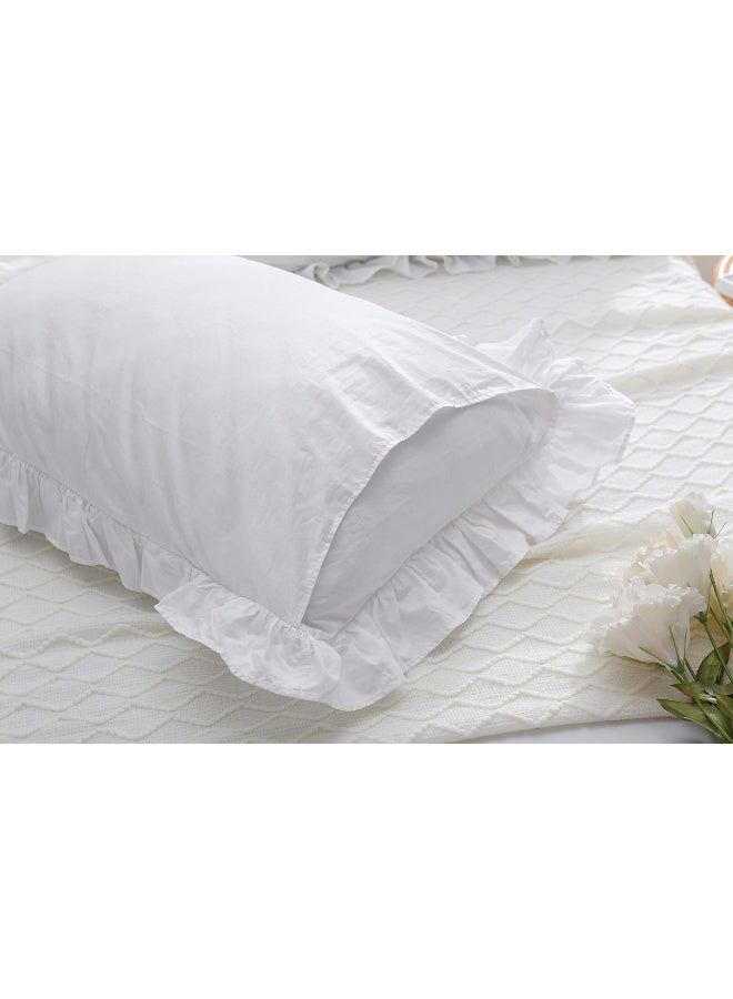 Meaning4 2-Pack Bright White Pillow Shams Pillowcases with Lace and Ruffles Cotton Queen Size 20"X30" Shabby Chic - Image 4