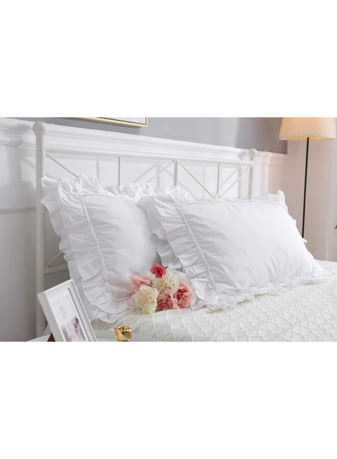 Meaning4 2-Pack Bright White Pillow Shams Pillowcases with Lace and Ruffles Cotton Queen Size 20"X30" Shabby Chic - Image 1