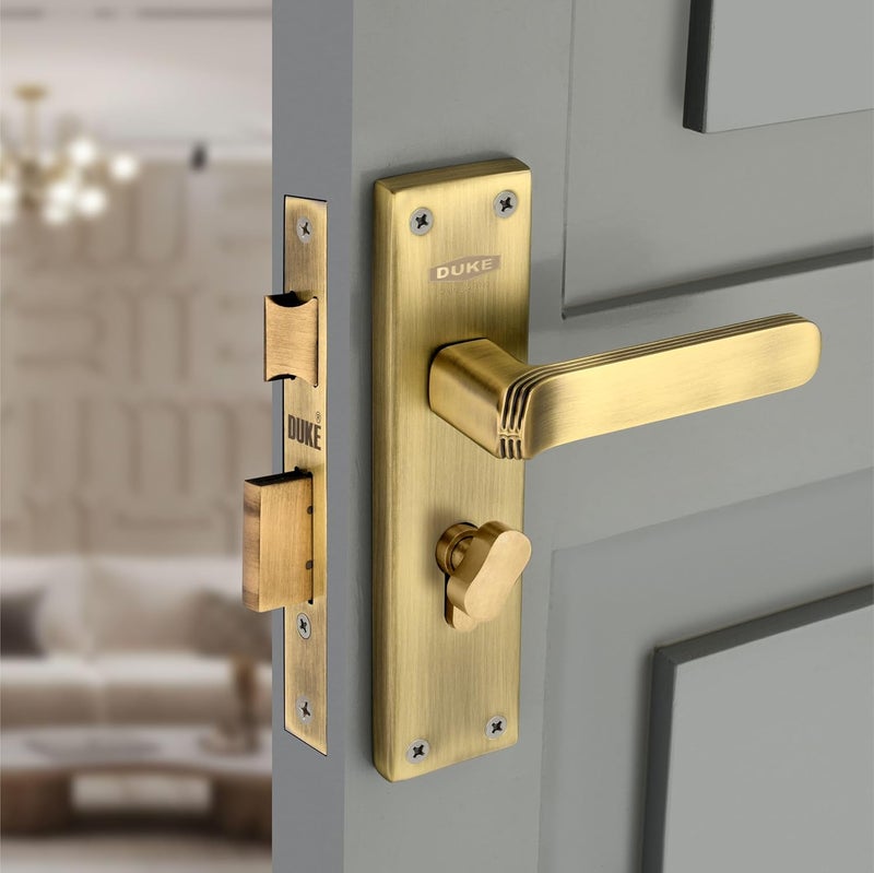 DUKE Mortice Door Handle Set Brass Finish| Brass Bolt Lock Body |Brass Cylinder with Knob | Brass Computerised Keys |MH1015 BA CY OSK| Premium Mortice Handle | Complete Installation Kit - Image 1