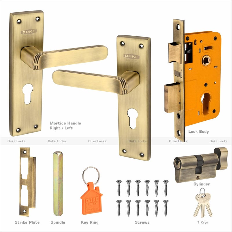 DUKE Mortice Door Handle Set Brass Finish| Brass Bolt Lock Body |Brass Cylinder with Knob | Brass Computerised Keys |MH1015 BA CY OSK| Premium Mortice Handle | Complete Installation Kit - Image 3