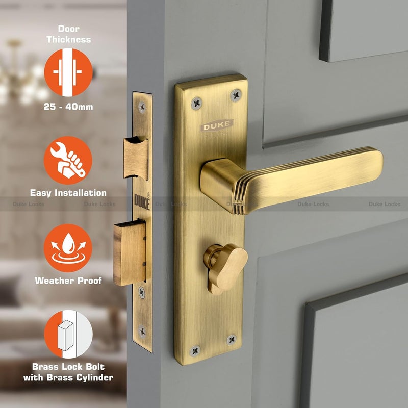 DUKE Mortice Door Handle Set Brass Finish| Brass Bolt Lock Body |Brass Cylinder with Knob | Brass Computerised Keys |MH1015 BA CY OSK| Premium Mortice Handle | Complete Installation Kit - Image 2