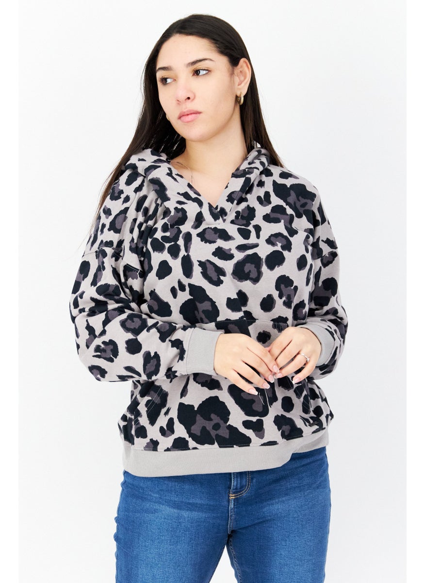 Marc New York - Women Hooded Long Sleeve Animal Print Sweatshirt, Black Combo - Image 1