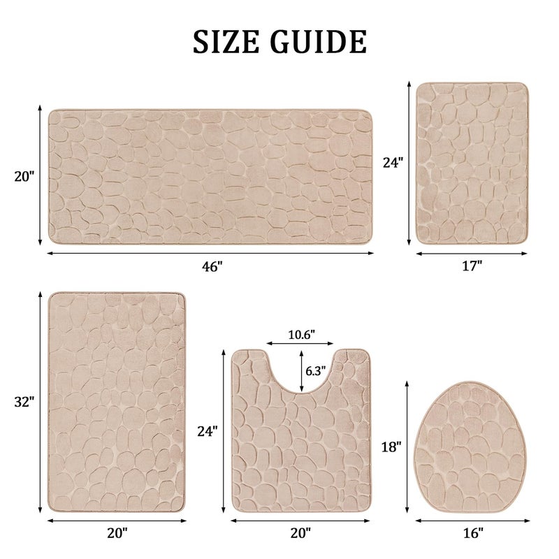 YIHOUSE Bathroom Rugs Sets 5 Piece  Cobblestone Memory Foam Bathroom Mats Set Extra Thick  Non Slip Bath Mats for Bathroom  Water Absorbent  Washable Khaki Bath Rugs for Tub  Toilet and Floor - Image 1
