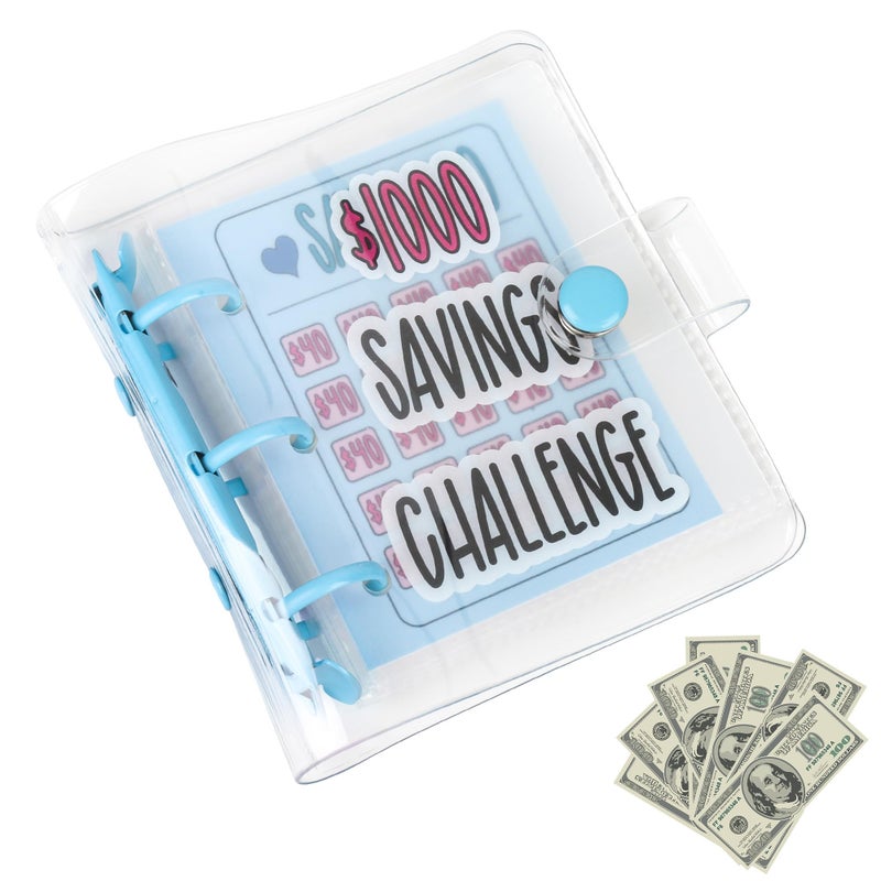 Mozano Mini Money Saving Binder with 25 Envelopes, $1000 Savings Challenge Book, Portable Budget Tool (Blue) - Image 1