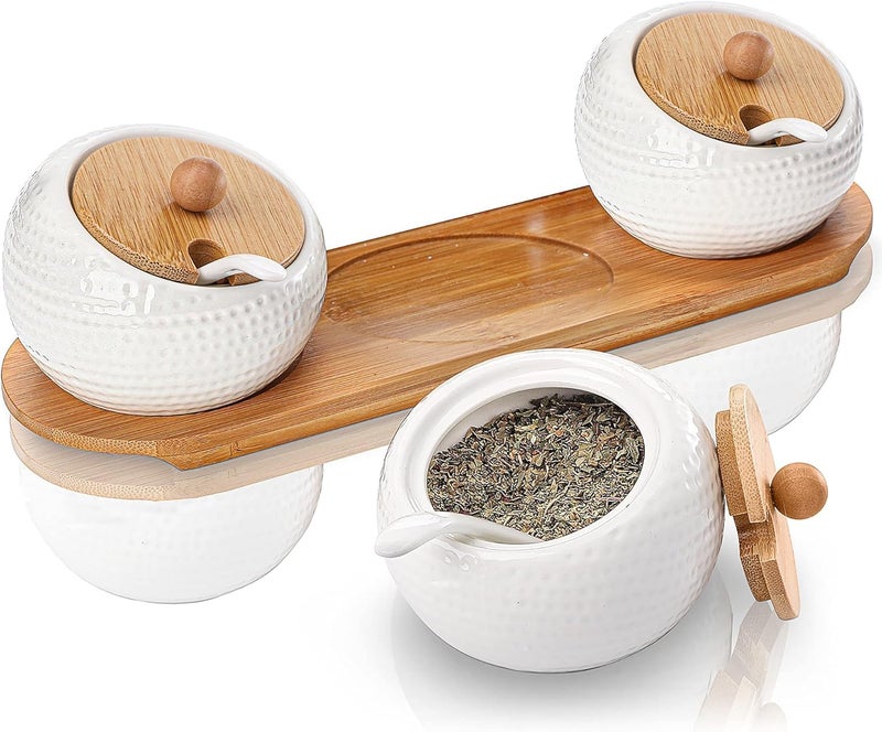 OLWICK Ceramic Condiment PotsSet of 3 Condiment Jar Spice Container with Bamboo Lids and Spoon Seasoning Pots for KitchenCoffee BarCondiment Spice Jar For Kitchen - Image 1
